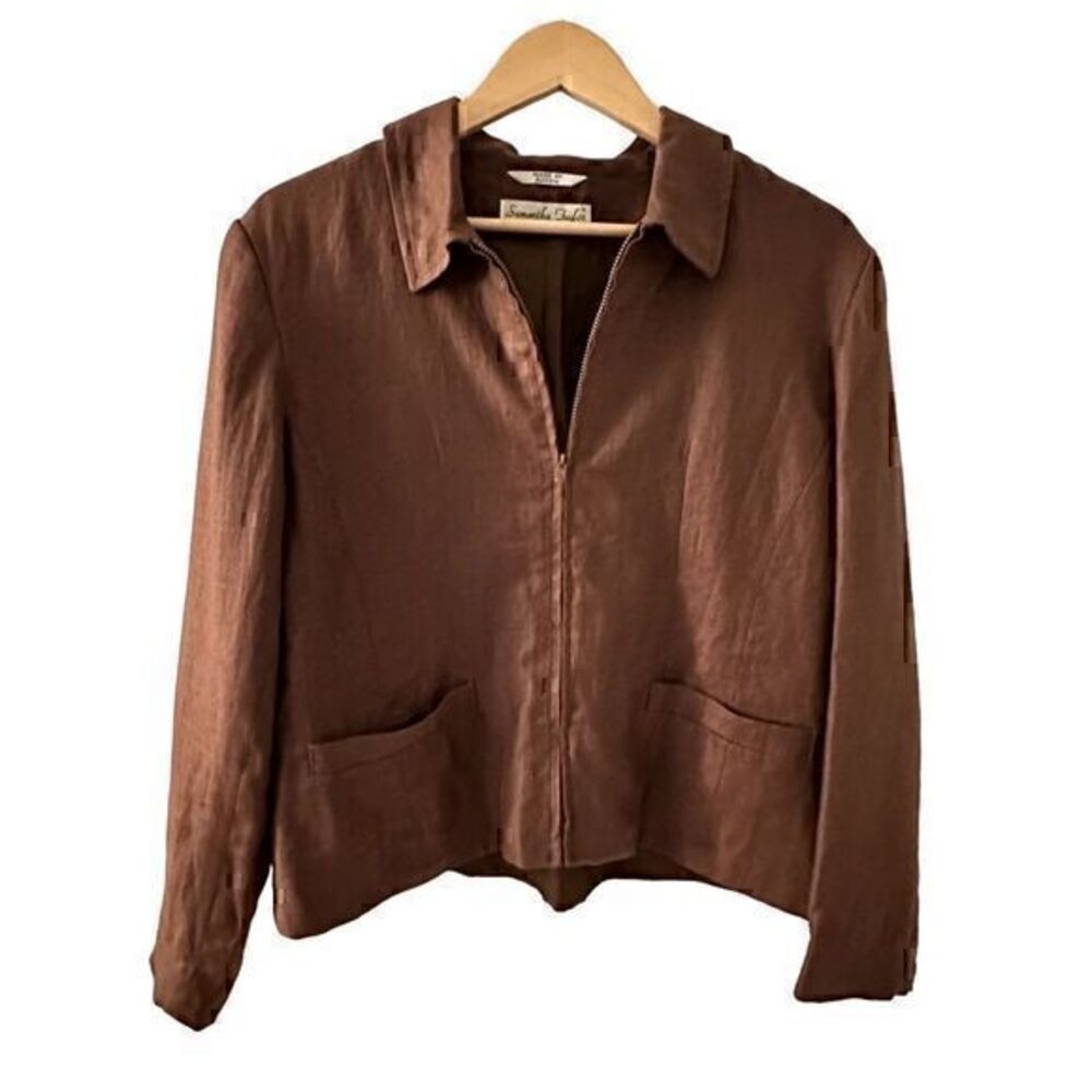 Samantha Taylor Linen Zip Jacket Womens 12 Brown Excellent Lightweight Collared